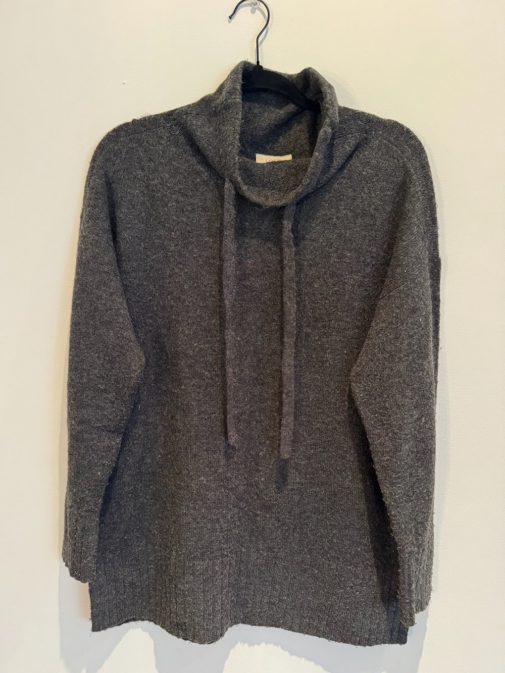 LOFT Cozy Charcoal Cowl-Neck Sweater with Tie, Size Small